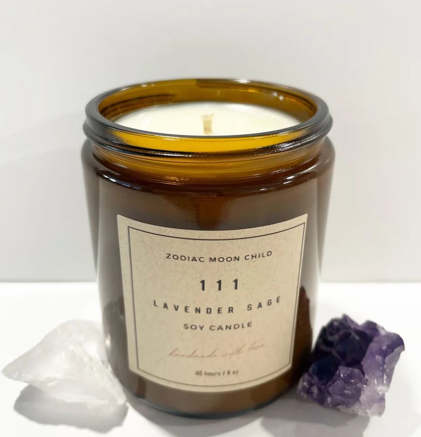 Amber glass 111 Lavender Sage soy candle with clear quartz and amethyst
