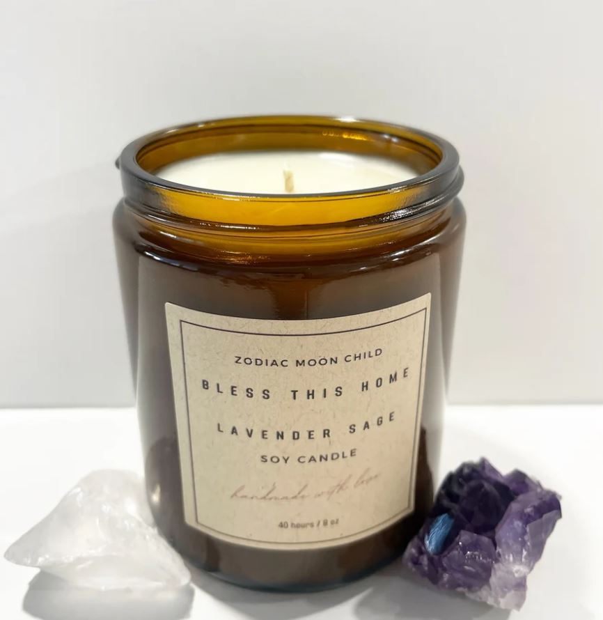 Amber glass Bless This Home Lavender Sage soy candle with clear quartz and amethyst
