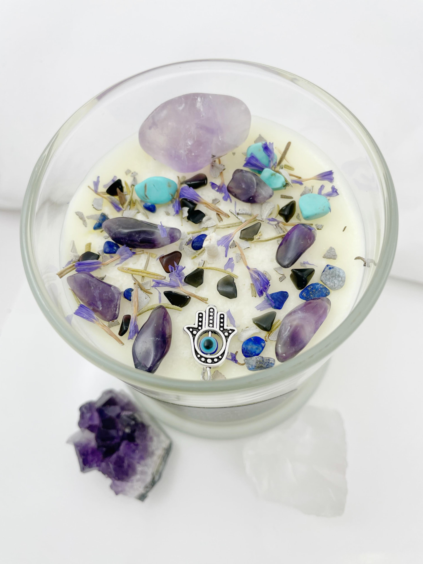 Evil Eye Protection Crystal Candle, top view