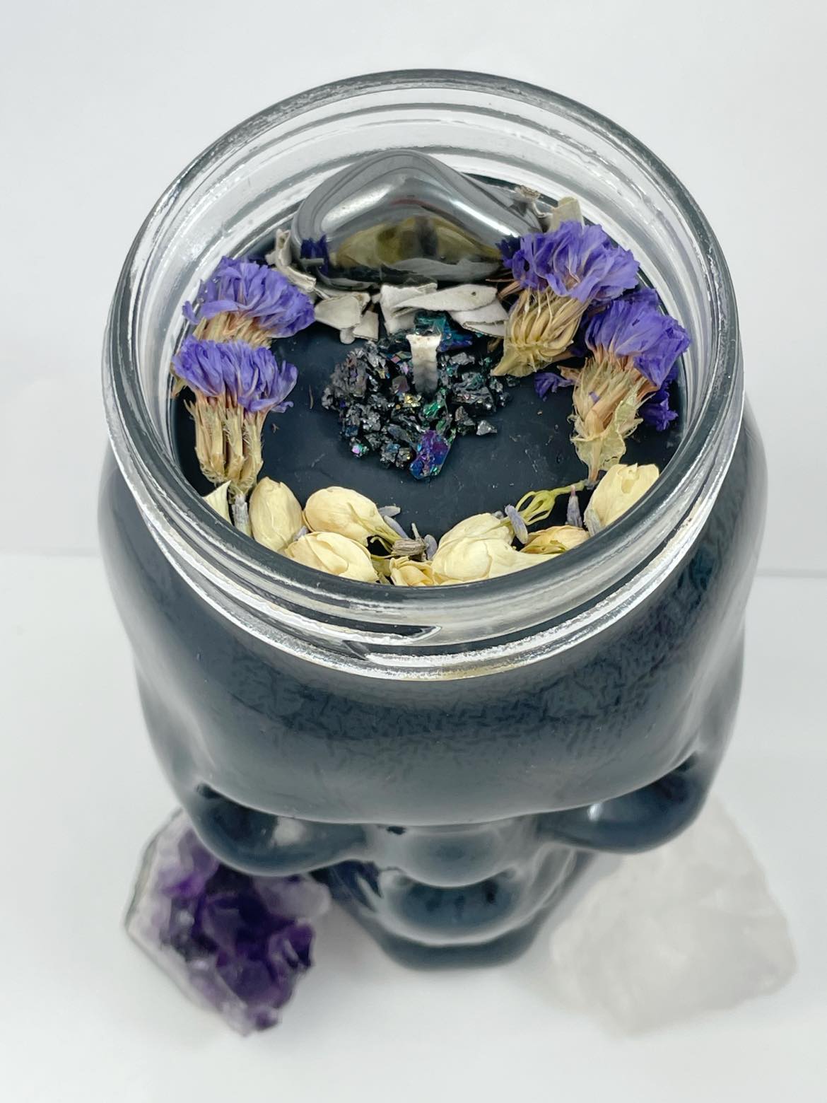 Spiritual Crystal – Black Glass Skull Candle, top view